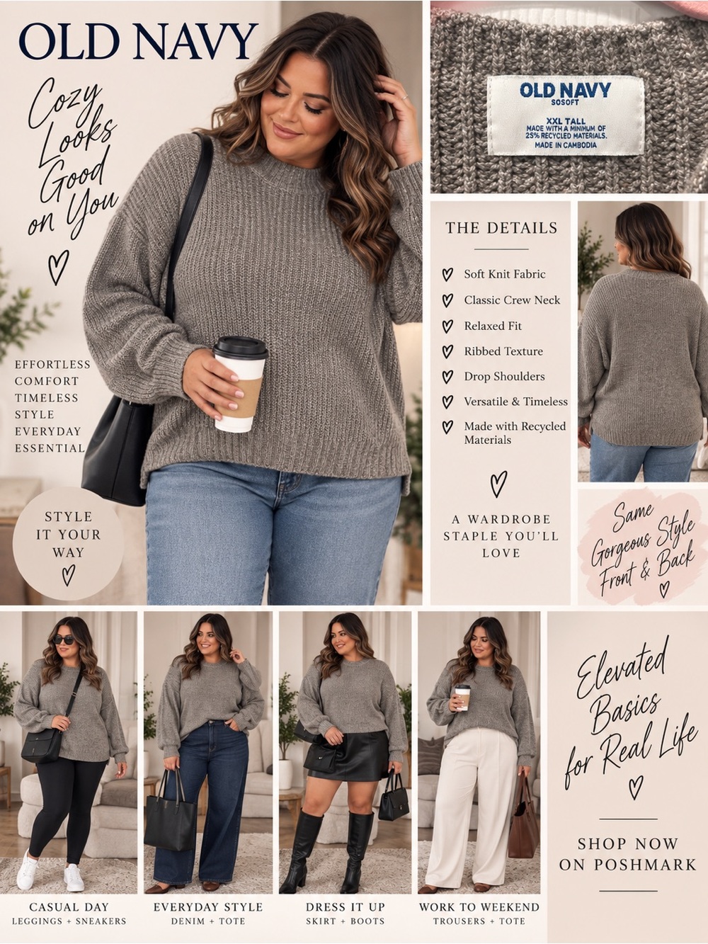 Old Navy SoSoft XXL Tall Gray Oversized Chunky Knit Sweater Cozy Minimalist